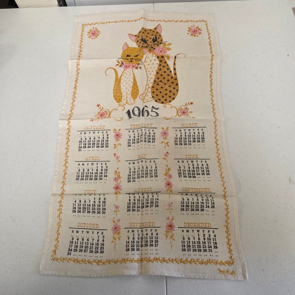 Vintage 1965 Calendar Tea Towel Mid Century Modern MCM Cats Floral Linen 16x26